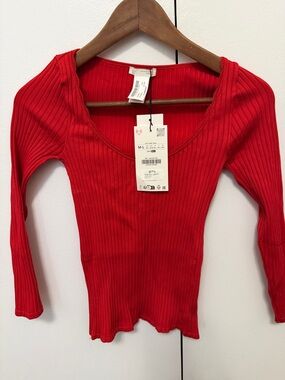 Zara Red Ribbed Scoop-Neck Long Sleeve Top